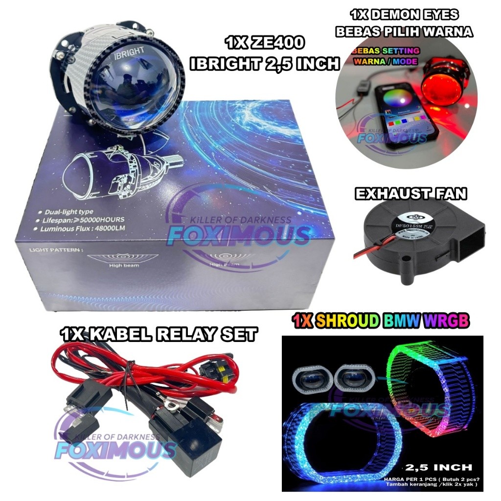 Paket Lengkap Biled Ibright ZE400 2,5 inch Bluelens 59 Watt Projector Biled IBRIGHT 2,5 inch