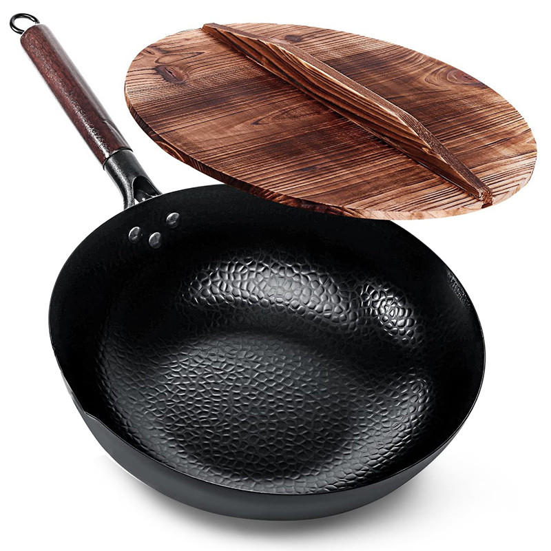 Carbon Steel Wok Pan 32cm Stir Fry Wok Set with Wooden Lid Non-Stick Flat Bottom Frying Pan for Elec