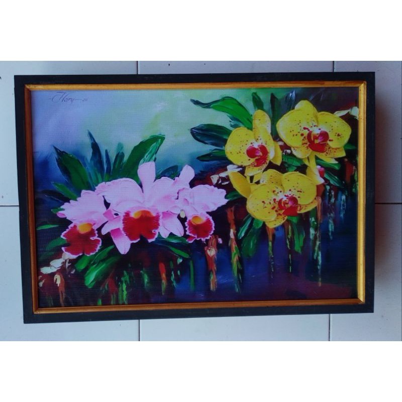 hiasan dinding murah lukisan cetak bunga anggrek bulan plus Bingkai ukuran 65×45