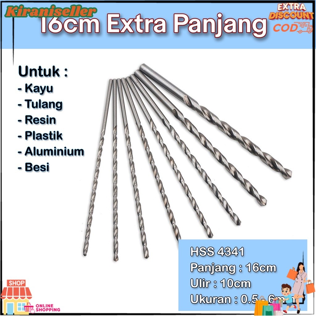 Mata bor HSS kayu besi 1mm 2mm 3mm 4mm 5mm 6mm 7mm 8mm panjang 12cm 16cm