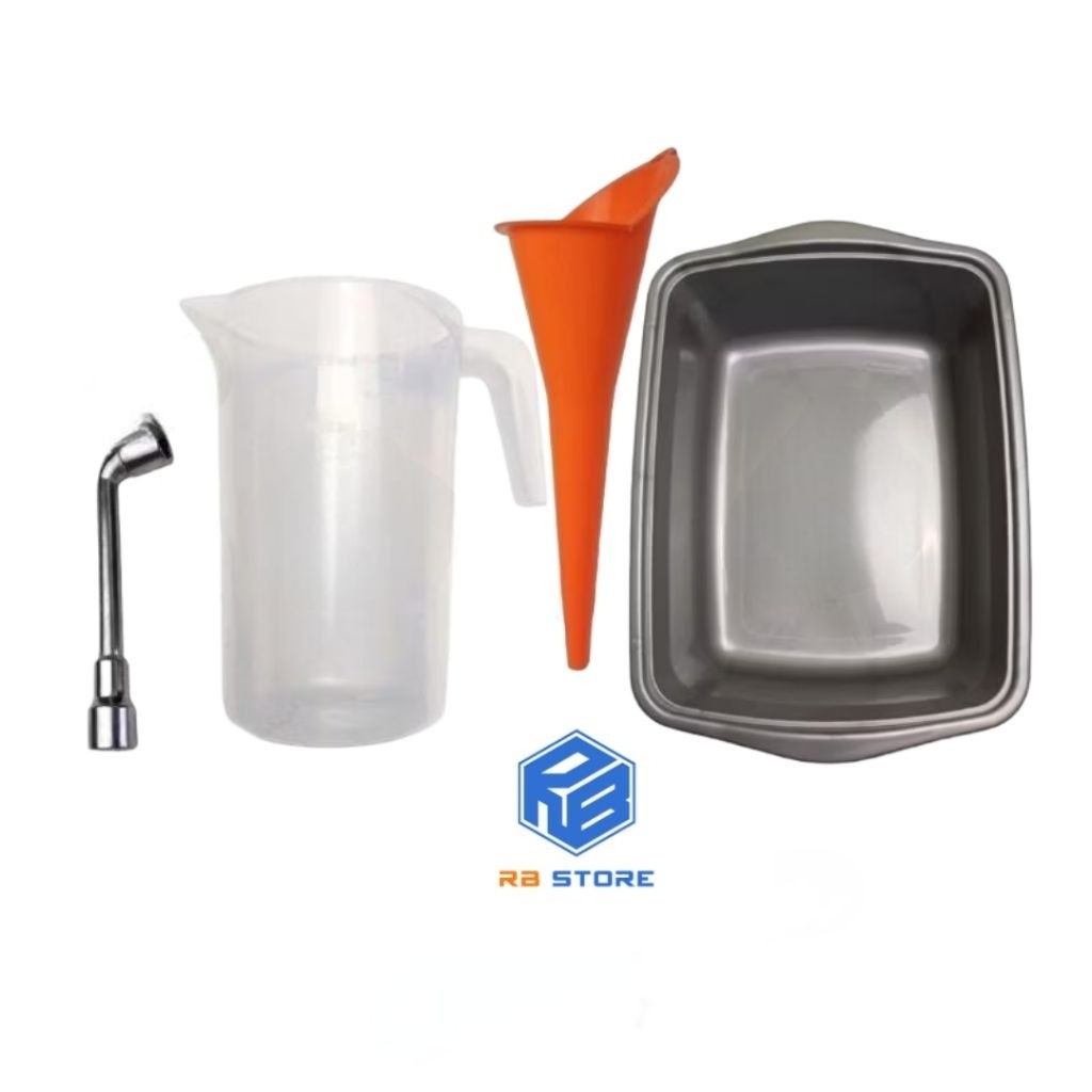 corong oli + wadah + takaran oli 1000 ml+kunci L paket ganti oli mesin komplit.