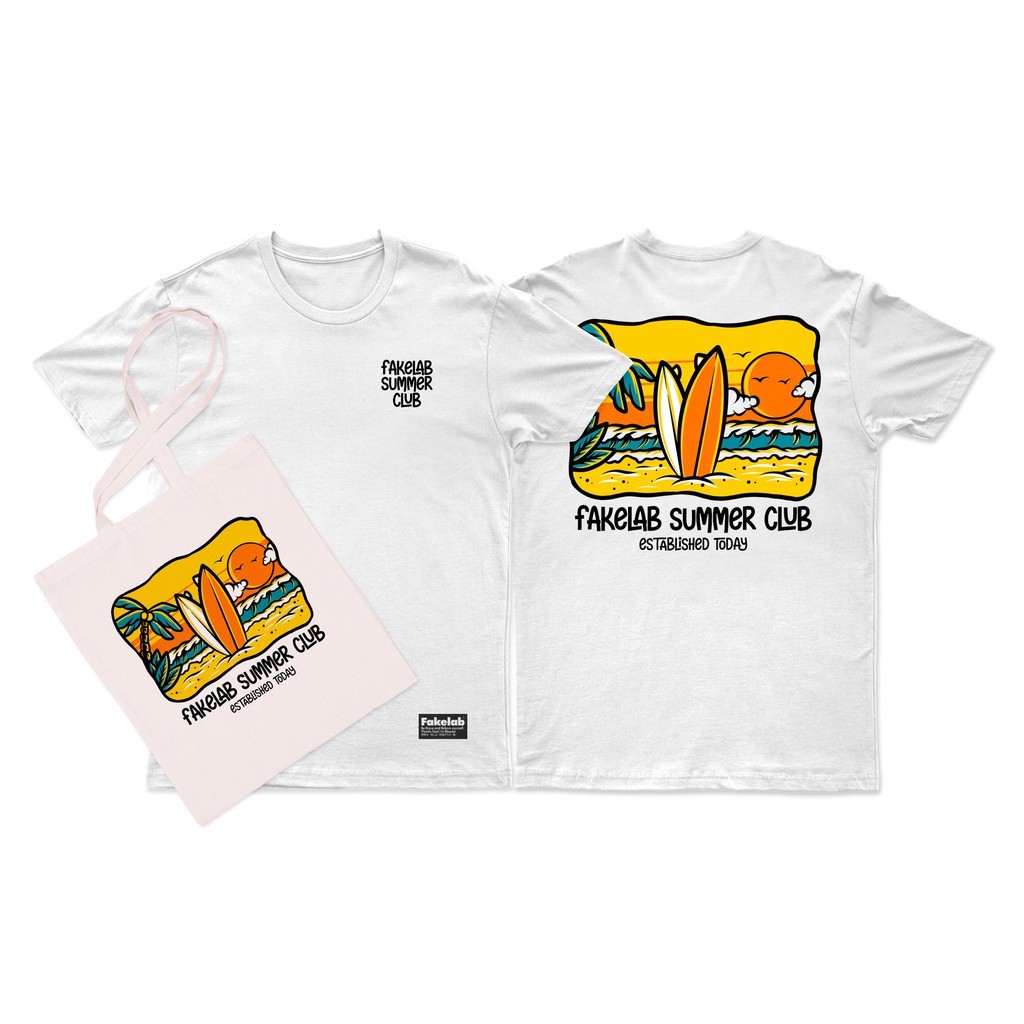 Fakelab Ts Surfer Island Free Totebag Fakelab / Kaos / Tshirt Putih / Tas / Tote