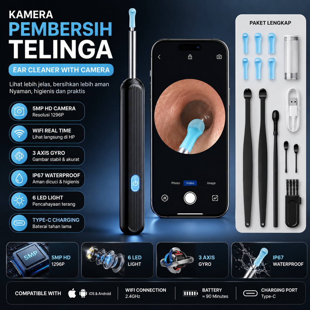 Kamera Pembersih Telinga Otoskop WiFi 5MP 1296P Korek Kuping Endoscope IP67 USB Type C 3 Axis Gyro A