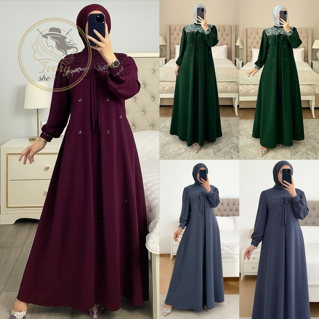 Ivory -  Rania Dress Muslim Wanita Modern Kekinian Matt Ceruty Babydoll Mix Brukat Premium