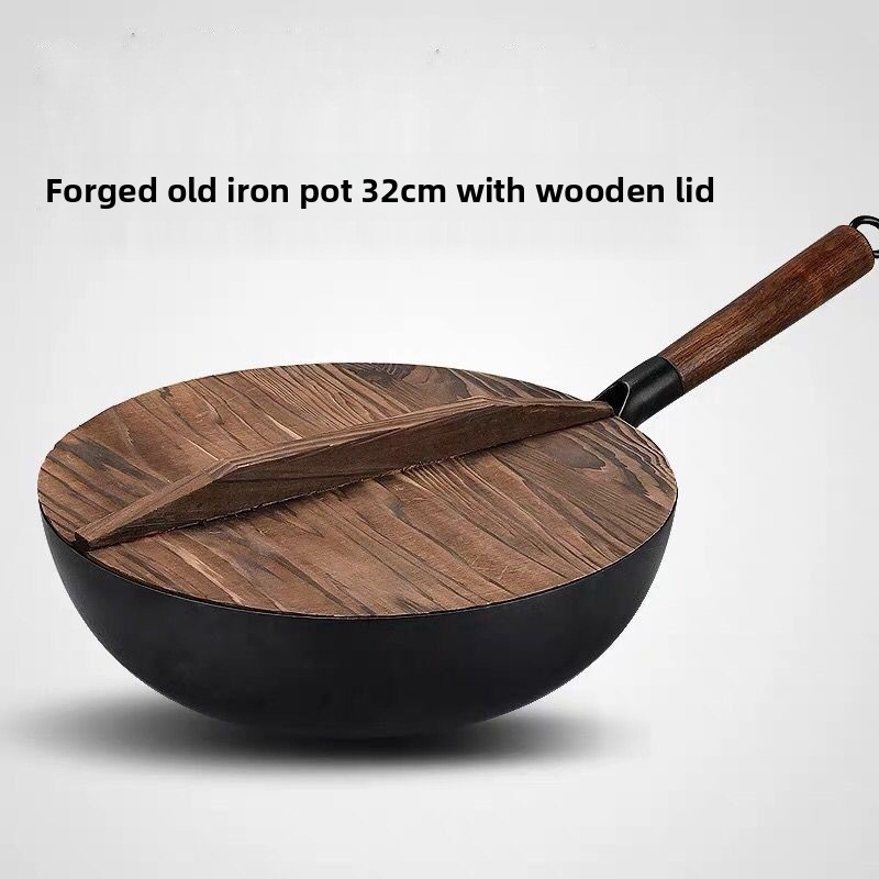 Zhangqiu iron pan stir fry pan uncoated flat bottomed non stick pan for household use, old-fashioned