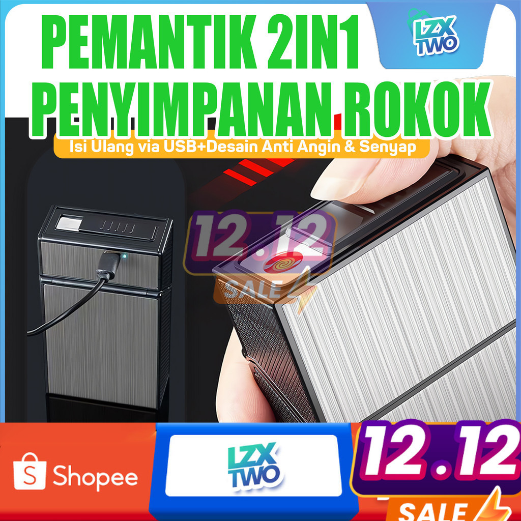 Kotak rokok elektrik, Pemantik USB, Tempat rokok modern-Penyimpanan rokok + pemantik 2in1 Anti Angin