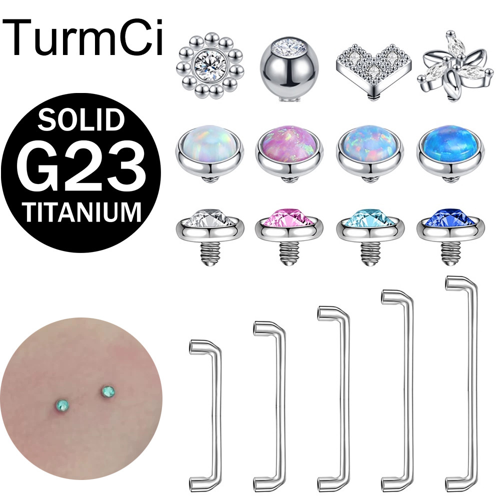 TurmCi 1 Buah 12-20mm G23 Titanium Internally Thread Crystal Surface Barbell Piercing Micro Dermal A