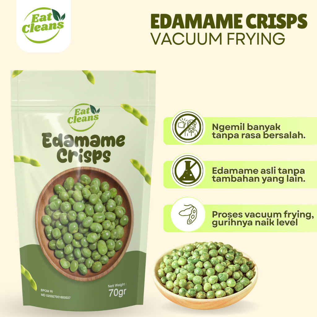 EAT CLEANS Snack Pouch Edamame 70gr Krispi - Snack Sehat Edamame Crispy - Camilan Edamame Makanan Di
