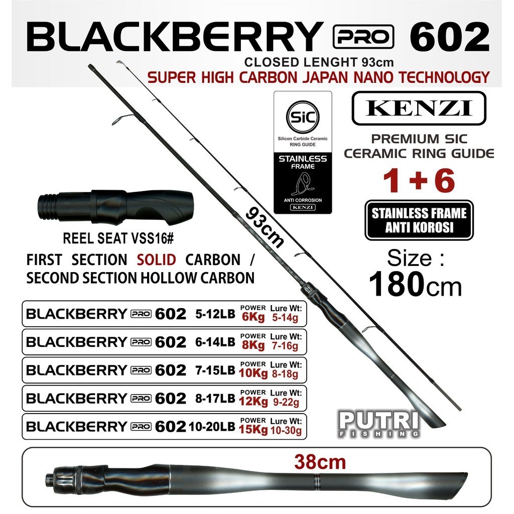 JORAN KENZI BLACKBERRY PRO 602 SiC Guide Stainless Frame Anti Korosi Solid Carbon Spinning 1.8m 5-12