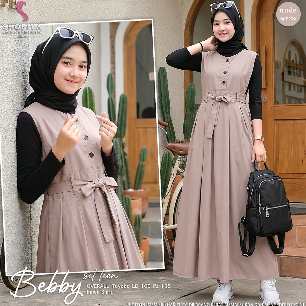 TEENARA Bebby Overall Set Inner Hitam Wanita Muslim Baju Anak Perempuan Terbaru Polos Overall Adjust