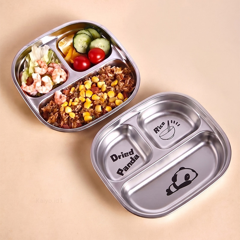 KaiyoPiring 3/5 Makan Stainless Anak SUS 304 Motif Panda / Piring Makan Sekat Anak SUS 304 Stainless