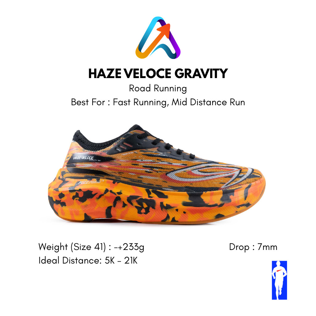 910 Nineten Haze Veloce Gravity Hitam/Orange/Jingga Sepatu Lari Fast Run, Daily Running