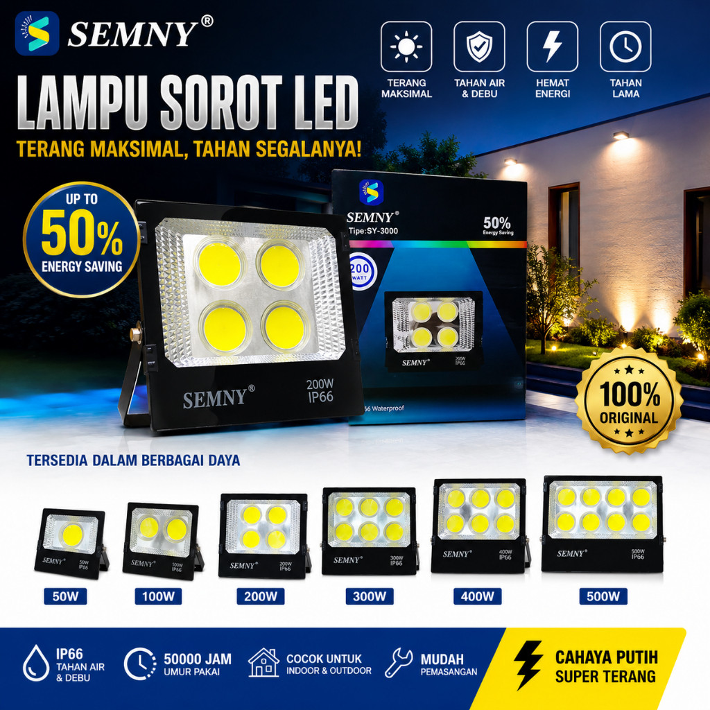 SEMNY LAMPU SOROT KAP SOROT LED SOROT COB SY-3000 50W 100W 200W 300W 400WATT WARNA PUTIH CAHAYA WHIT