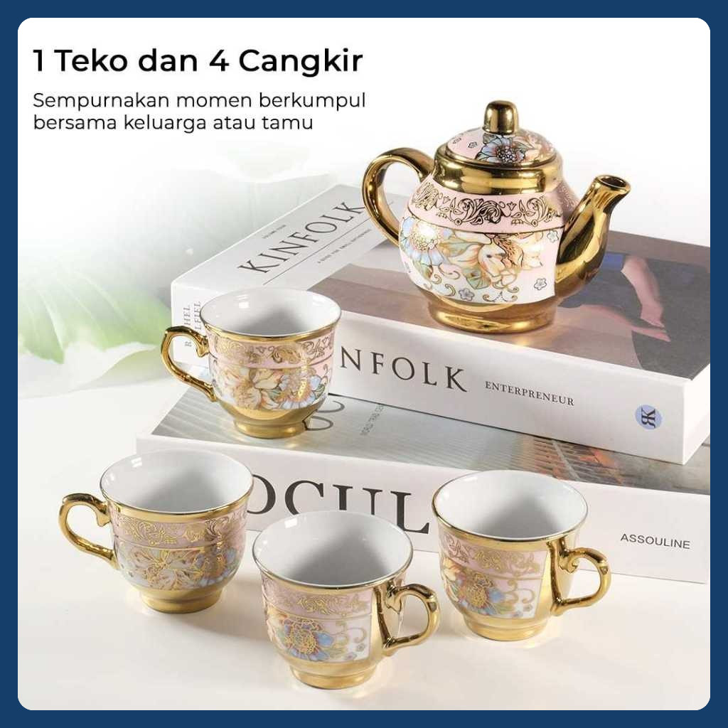 GonimSoon Cangkir Teko Keramik Retro Jadul Vintage Classic Set 4 Cups 1 Pot European Style Hampers R