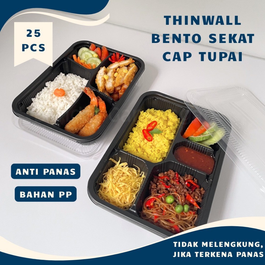 Thinwall Bento TUPAI Hitam Sekat 4, Sekat 5 / Thinwall Bento Hitam / Kotak Bekal Hitam / Isi 25pcs-P