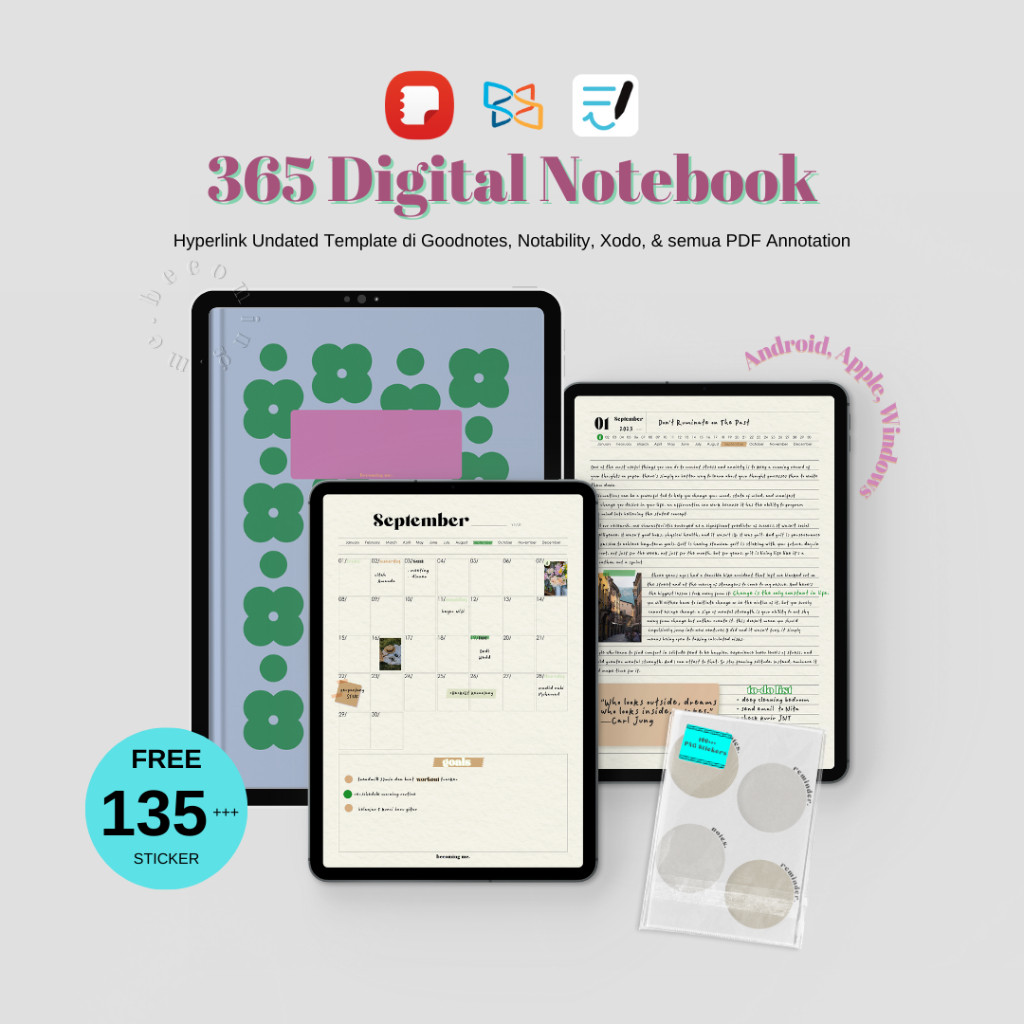 365 Daily Digital Notebook Blue Bullet Journal Goodnotes Samsung Notes