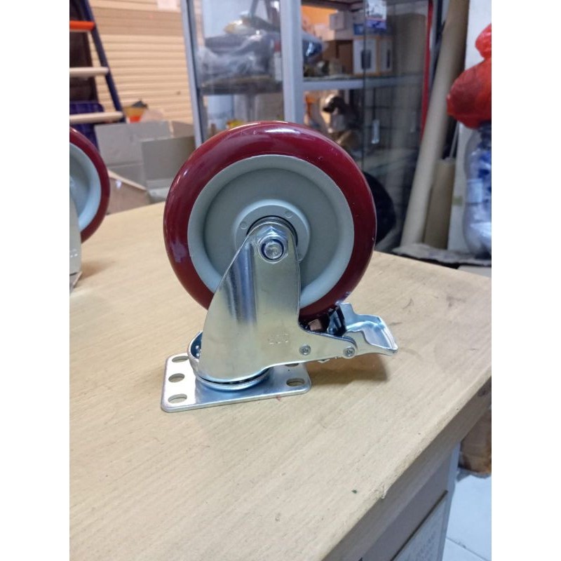 Roda PU Merah 5" inch RHJ-TW Plat Rem Roda Troli RHJ Germany Medium