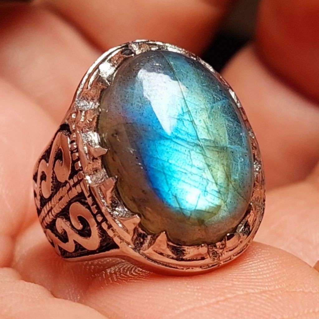 Cincin batu labradorite 18mm asli natural / batu labrador kerlip pelangi biru n emas #BATUAKIK