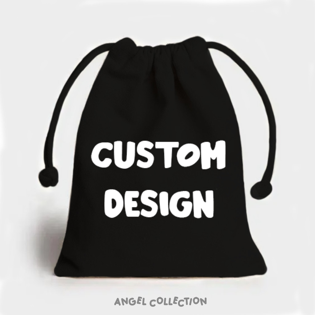 ENJEL Pouch Serut Hitam CUSTOM Kanvas 100% Tebal Premium Satuan Lusinan Murah
