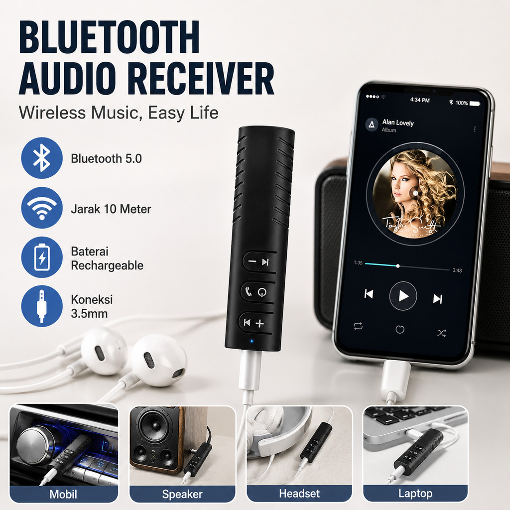 Bluetooth Audio Receiver Adapter To 3.5mm Wireless Bluetooth 5.0 EDR A2DP Portable Baterai Rechargea