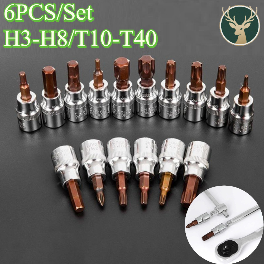 6Pcs/Set 1/4”Mata Hex Bit Socket/ Mata Kunci Shock Hex Bit Socket 1/4inci Tipe T/ Tipe H Mata Hex Bi