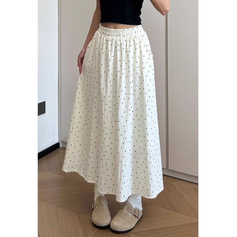 Rok polkadot ukuran besar untuk wanita, musim panas, bentuk tubuh pir, pinggang elastis, panjang sed