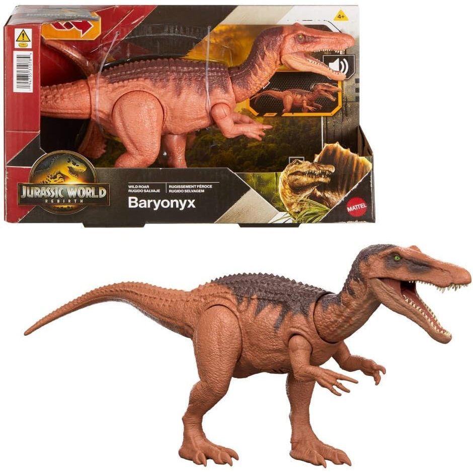 Mattel Jurassic World Rebirth Wild Roar Baryonyx Dinosaur Toy with Tail-Controlled Chomp Multi-Direc