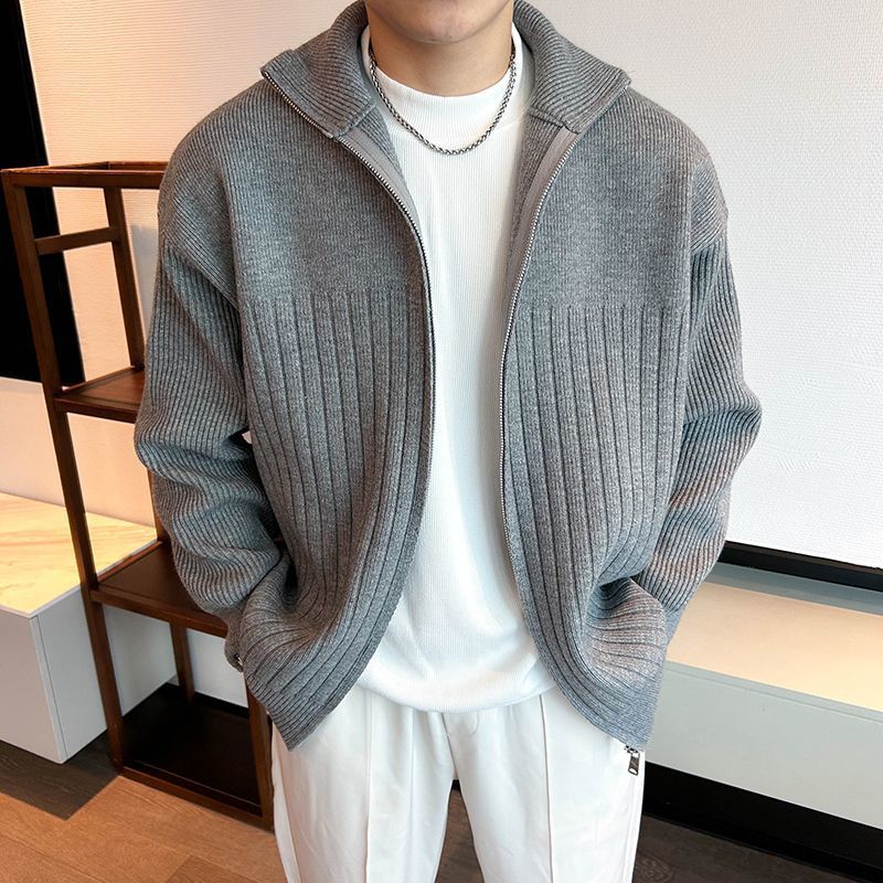 Kardigan Rajut Kerah Berdiri Fashion Ritsleting Vintage Sweater Pria Jaket Lengan Panjang Serbaguna