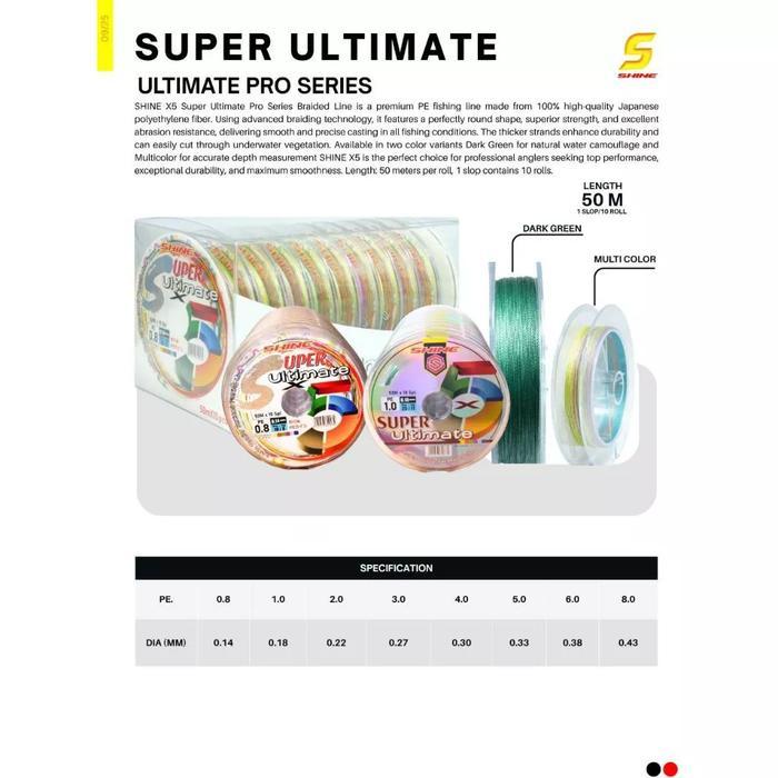 Senar PE SHINE X5 Super Ultimate 50M Connecting– Braided Line Kuat Halus - PE 1.0 (0.18MM)