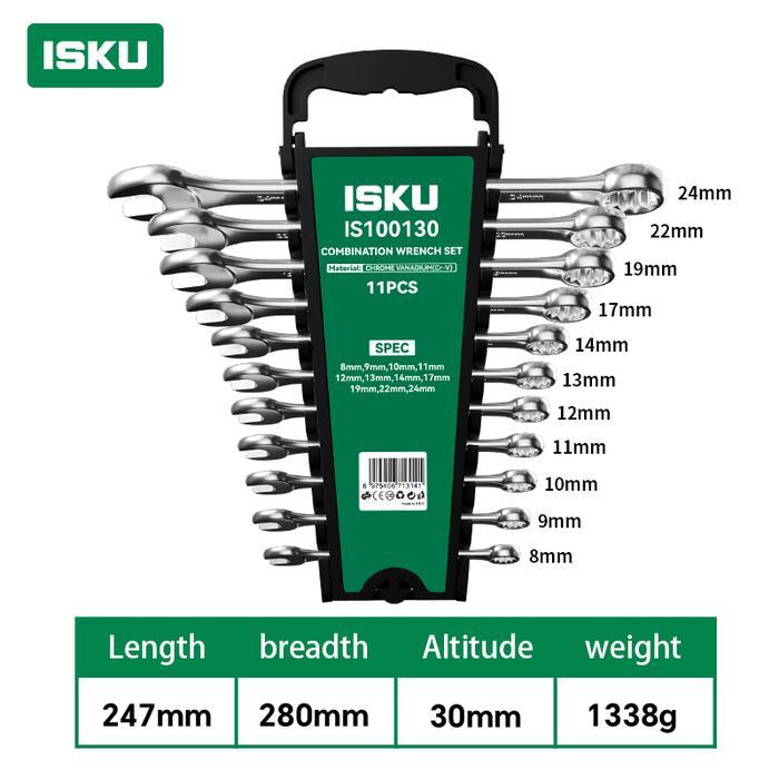 ISKU Kunci Ring Pas Set 11 Pcs 8-24mm Kunci Kombinasi Buka Baut Oli Mesin Mobil Motor Spanner Combin