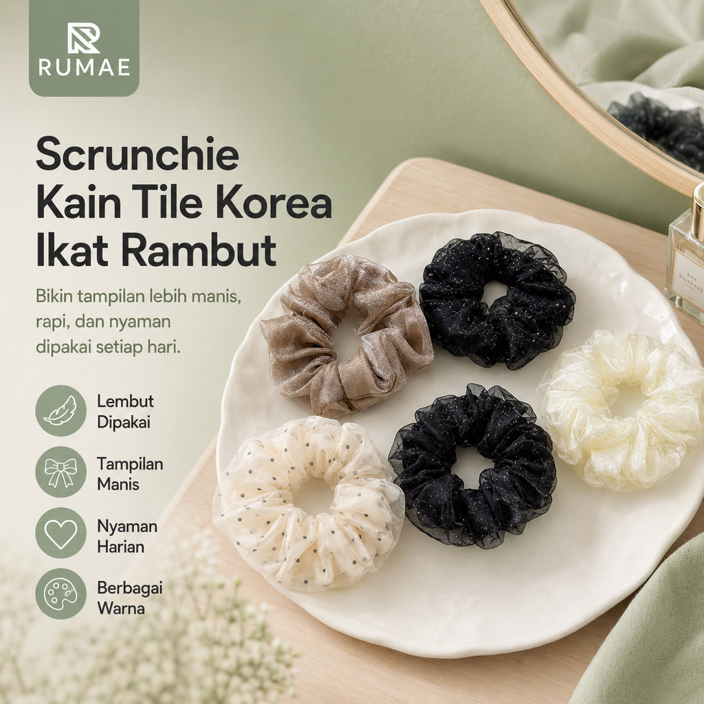 RUMAE Scrunchie Kain Tile Korea Ikat Rambut Wanita Motif Polos Polkadot Vintage Anti Melar