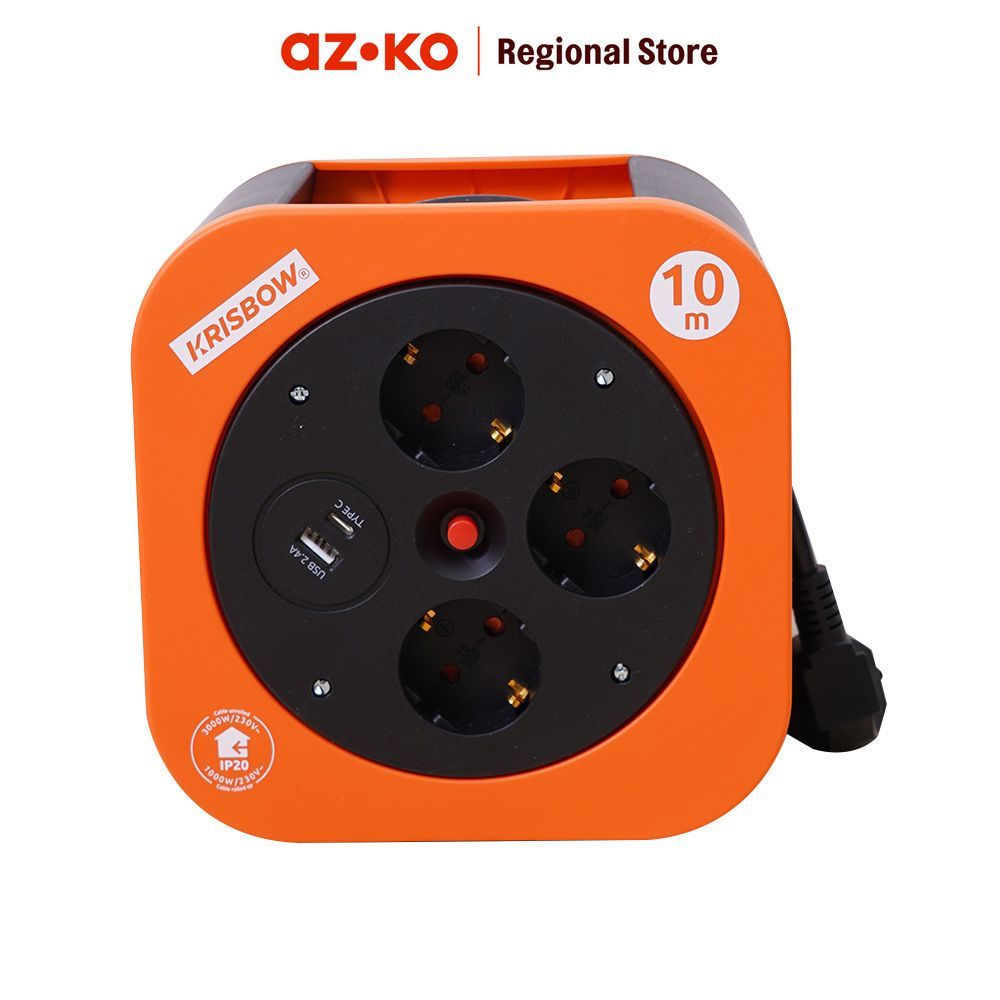 AZKO Krisbow 10 mtr Kabel Roll 3 Socket Dengan Usb & Type C - Hitam/Oranye Cable Reel Terminal Colok