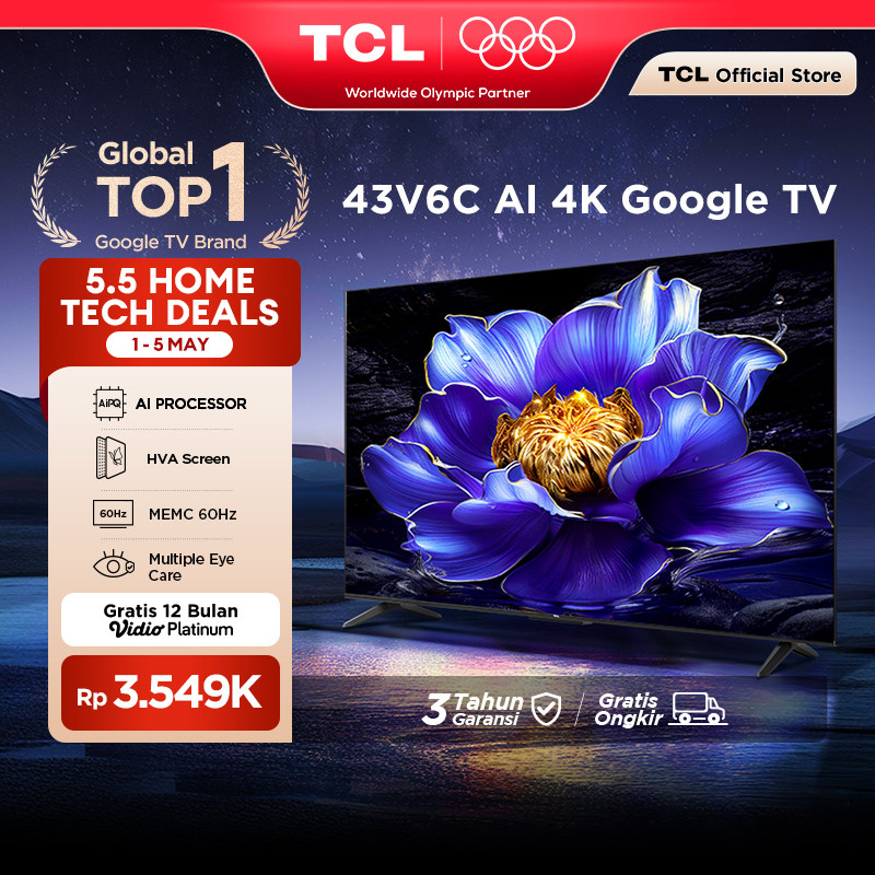 TCL AI 4K Google TV 43 inch V6C - MEMC - HDR 10 - HVA Panel - Dolby Audio - Google Play/Netflix/Yout