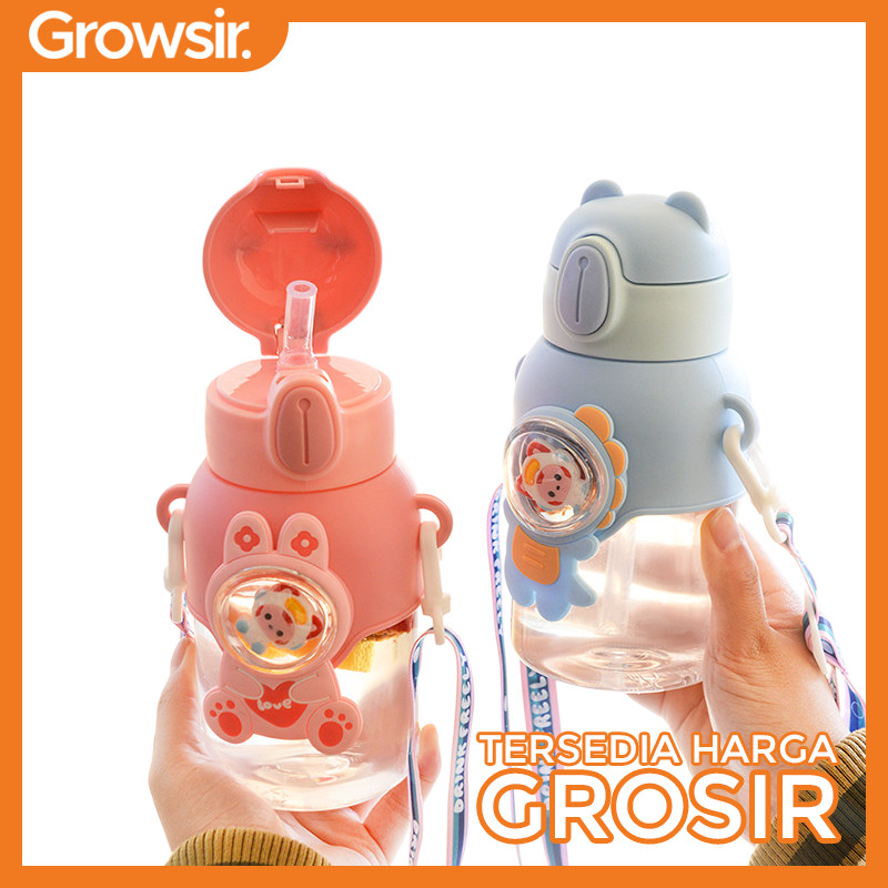 GROWSIR Botol Minum Beruang Lucu 600ML Sedotan Tali Gendong Aesthetic Korea Tempat Minum Anak