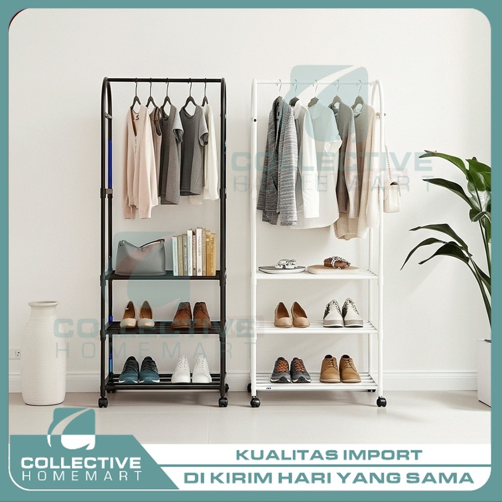 Rak Gantungan Baju Sepatu Portable 2 3 Susun Free Roda Penyimanan Tas Praktis MInimalis Modern Serba