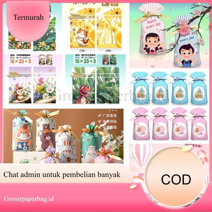 (10PCS) Tas Kado Goddiebag dengan Tali Serut, Plastik Karakter Anak untuk Camilan Ulang Tahun, Tas U