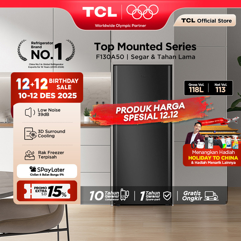 TCL Kulkas 2 Pintu (F130-A50) - Kapasitas 118L - Rak Freezer Terpisah - 3D Surround Cooling - Adjust