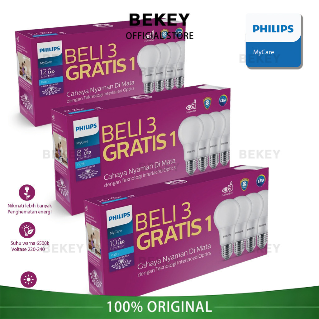 [Beli 3 Gratis 1] Lampu LED Philip Paket 8W 10W 12W 15 Watt Multipack Lampu Led Rumah Led Putih Bulb