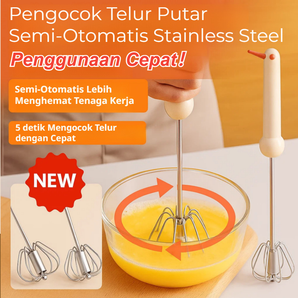 Pengocok Telur Putar Semi-Otomatis Stainless Steel | Pengocok Telur Dan Krim Manual Untuk Rumah Tang