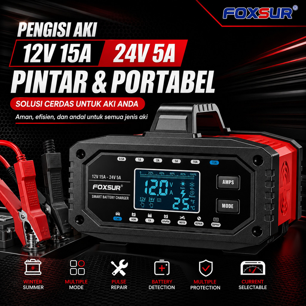 Charger Aki Foxsur Mobil Motor 12V/24V Smart Accu Charger 15A - 10 Tahap Otomatis dan Repair LiFePO4