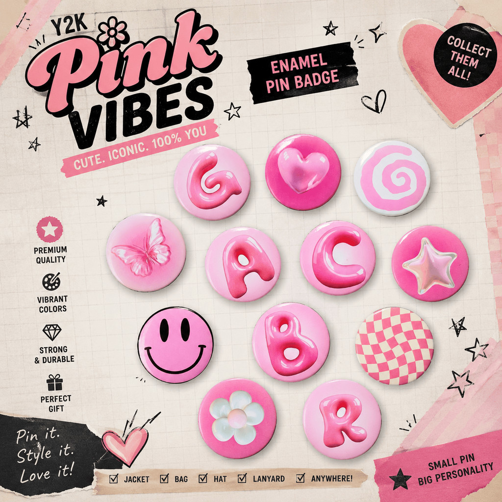 Bros Buddy - Pin Button | Inisial A-Z | Bubble Pink | Aesthetic | Ukuran 44 mm | Glossy | Custom Pin