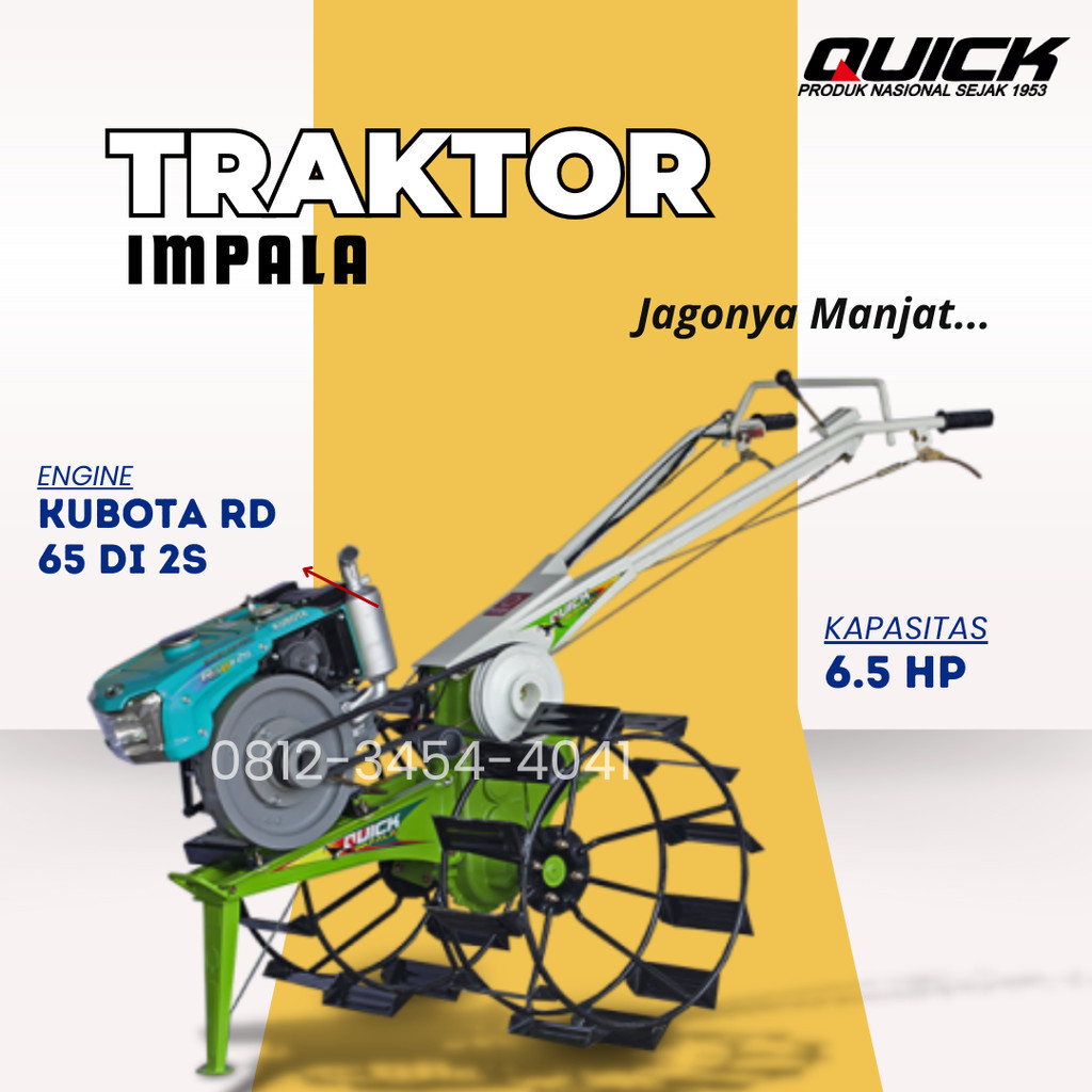 Traktor Bajak Sawah Ladang Quick Impala + Mesin Diesel Bensin Kubota 6.5 HP