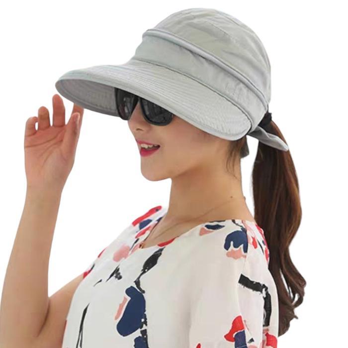 Topi wanita lebar anti UV / topi pantai pita kupu / Topi bolong resleting Musim panas - putih