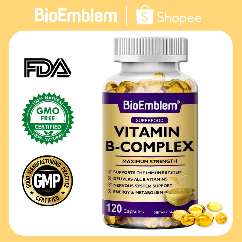 BioEmblem Vitamin B Capsules (B12, B1, B2, B3, B5, B6, B7, B9, Asam Folat & Biotin) Relieves Stress 