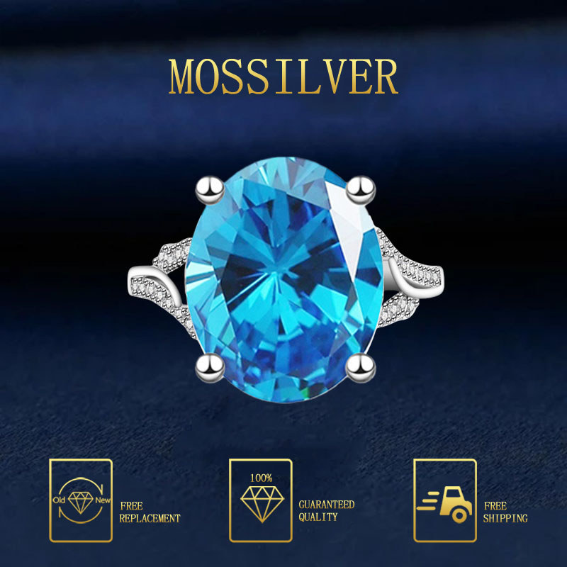 MOSSILVER Cincin Terbuka Penuh Berlian dengan Topaz Biru Laut yang Mewah dan Elegan