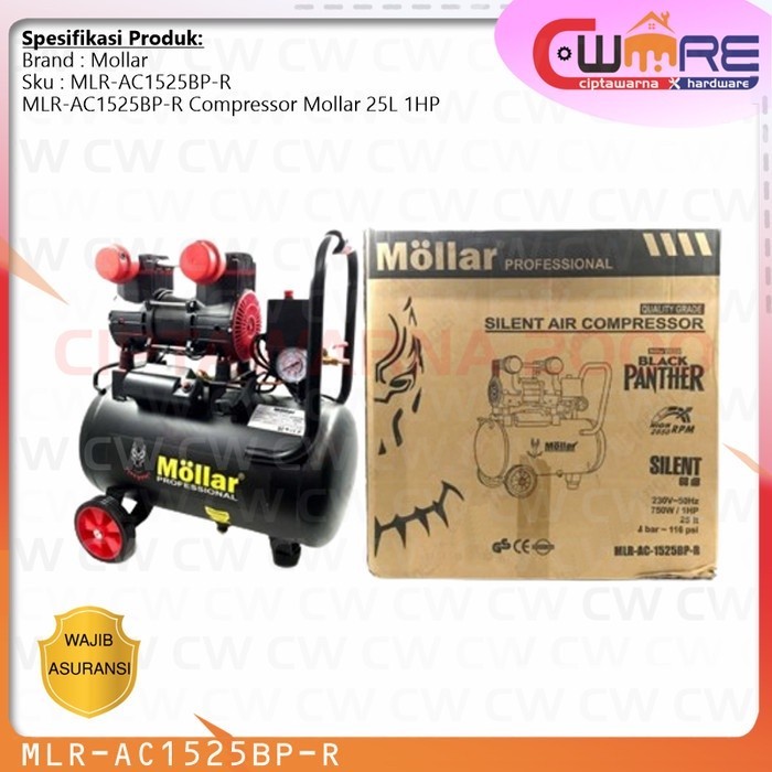 Mollar AC1525BP-R Kompresor Angin 1 HP 25 Silent Oilless Black Panther