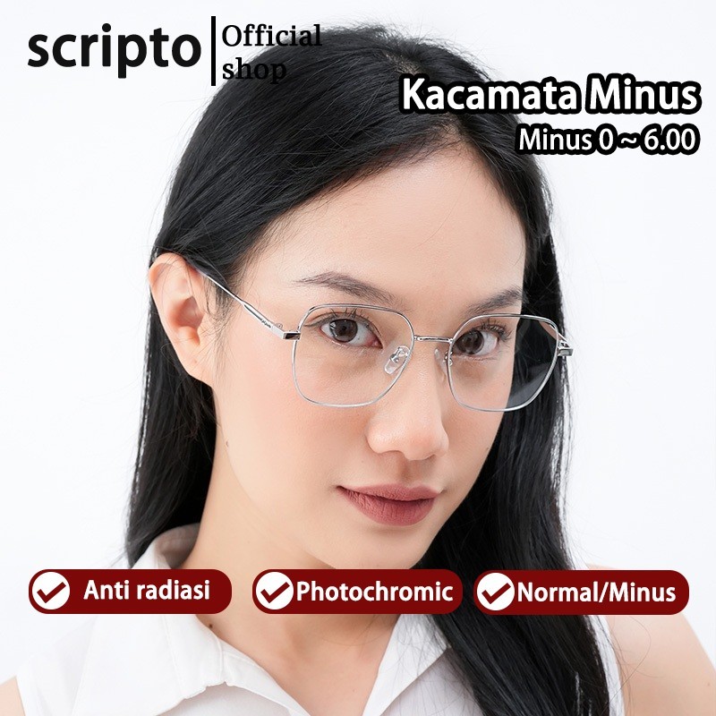 Scripto Kacamata Photocromic Minus Anti Radiasi Blueray Wanita Pria 2025 Baru Korea Fashion Besi Fra