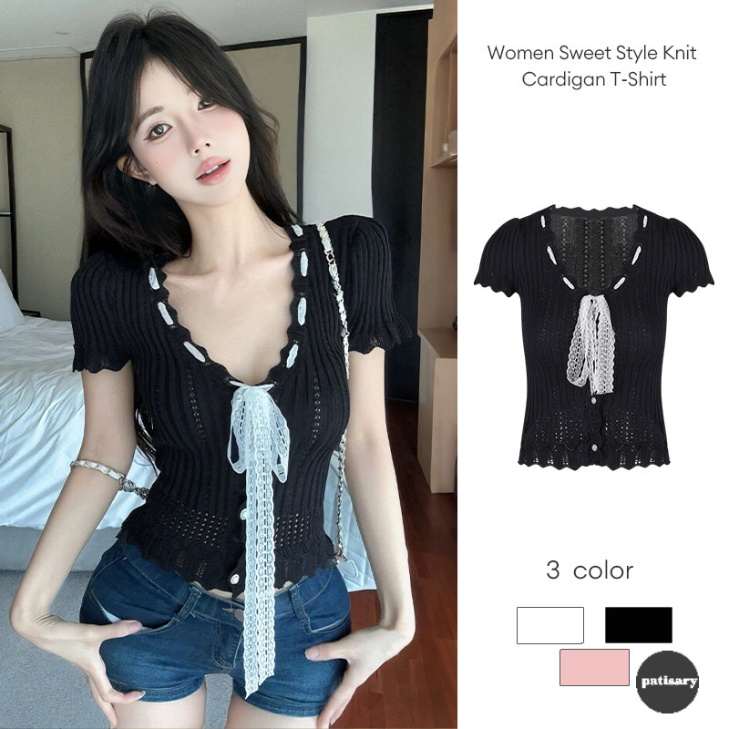 PAT_Cardigan Rajut Gaya Manis Wanita Lengan Pendek Slim Fit dengan Ikatan Depan, Desain Ringan, Atas