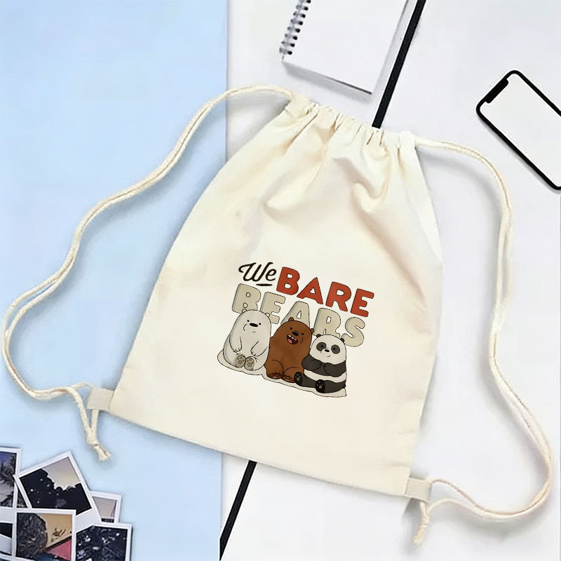 Bare Bears Print Drawstring Bag—A casual canvas shoulder bag perfect for school, sports, and travel