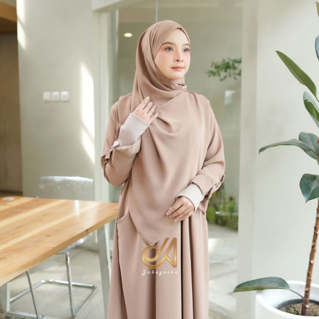 Jabayaska - Hameeda Abaya Set Pasmina Bandana Anti UV Gamis Umroh Dress Dengan Manset Tangan Knit